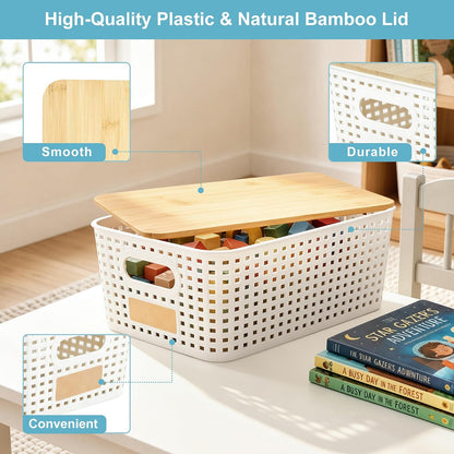 Bagnizer Small Plastic Storage Bins with Bamboo Lids 5.2qt Stackable Box Basket Pantry Decorative Containers Cute with Labels for Organizing Desktop Closet Office Cream White of 6 packs 10*7.2*4.1"
