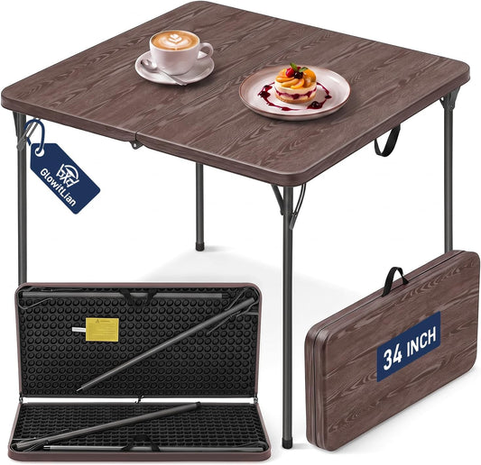 34" Square Folding Table for 4 Person, 330lbs Weight Capacity Foldable Table with HDPE Tabletop & Heavy-Duty Steel Legs, Portable Picnic Table for Indoor Outdoor Parties, Camping, Coffee Woodgrain