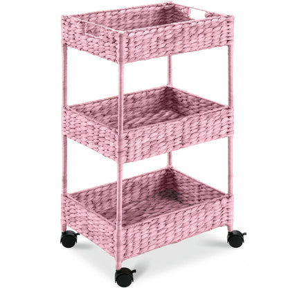 Best Choice Products 3-Tier Water Hyacinth Rolling Nursery Caddy w/Wheels, Utility Cart, Storage Organization for Bathroom, Craft Room, Laundry Room - Chestnut