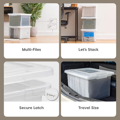 IRIS USA File Box File Organizer Plastic File Box for Letter/Legal File, BPA-Free Plastic Storage Bin Tote Organizer with Durable and Secure Latching Lid, Stackable and Nestable, Clear 35 Qt. 4Pack