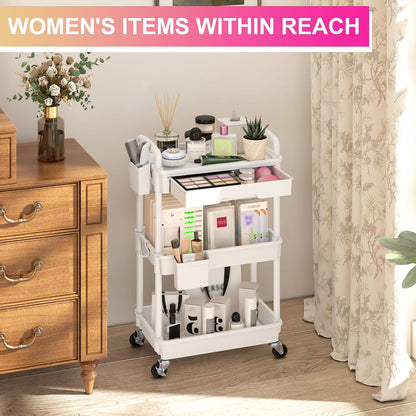 Goovilla 3 Tier Rolling Utility Cart Organizer with Removable Drawer, White