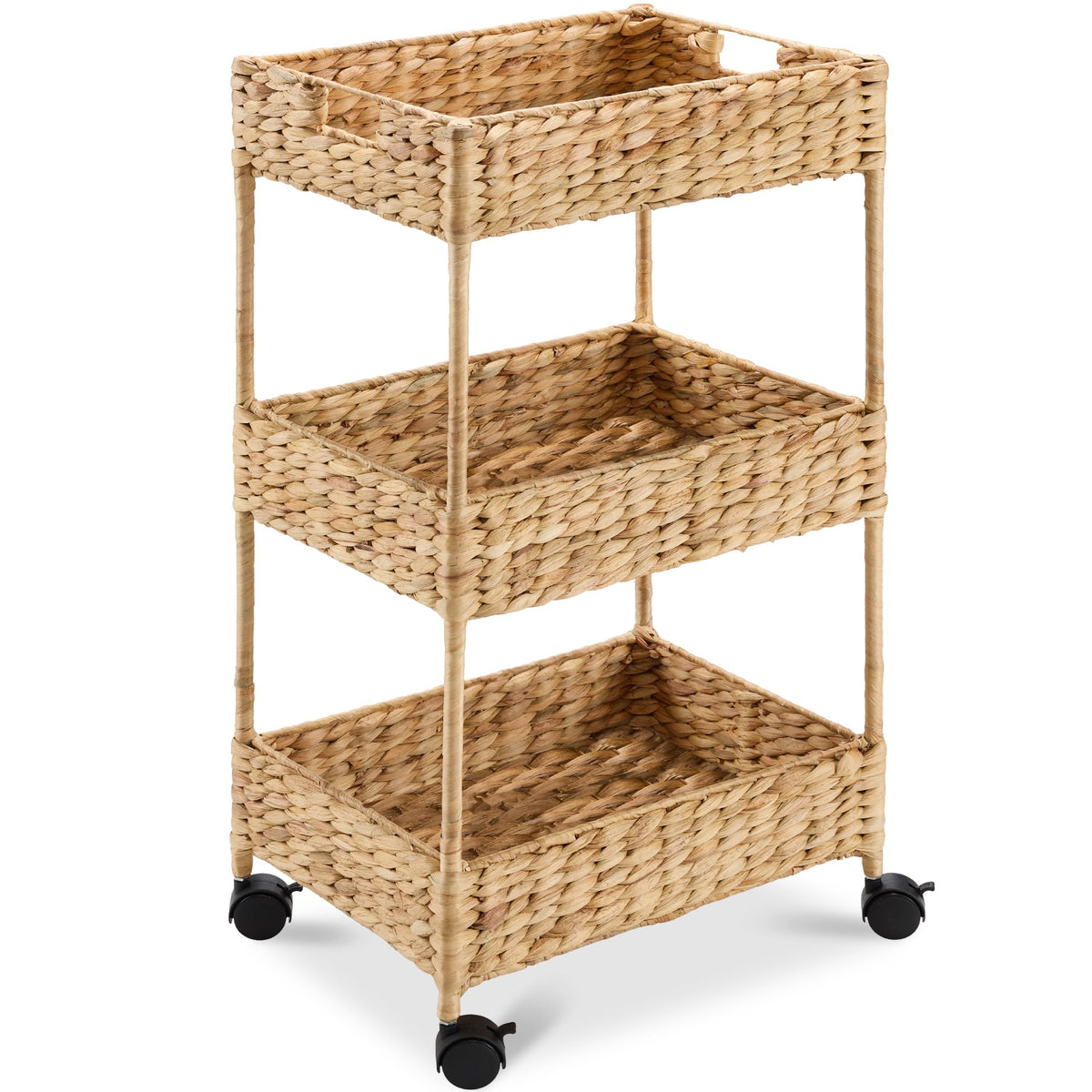 Best Choice Products 3-Tier Water Hyacinth Rolling Nursery Caddy w/Wheels, Utility Cart, Storage Organization for Bathroom, Craft Room, Laundry Room - Chestnut
