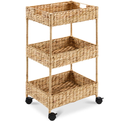 Best Choice Products 3-Tier Water Hyacinth Rolling Nursery Caddy w/Wheels, Utility Cart, Storage Organization for Bathroom, Craft Room, Laundry Room - Chestnut
