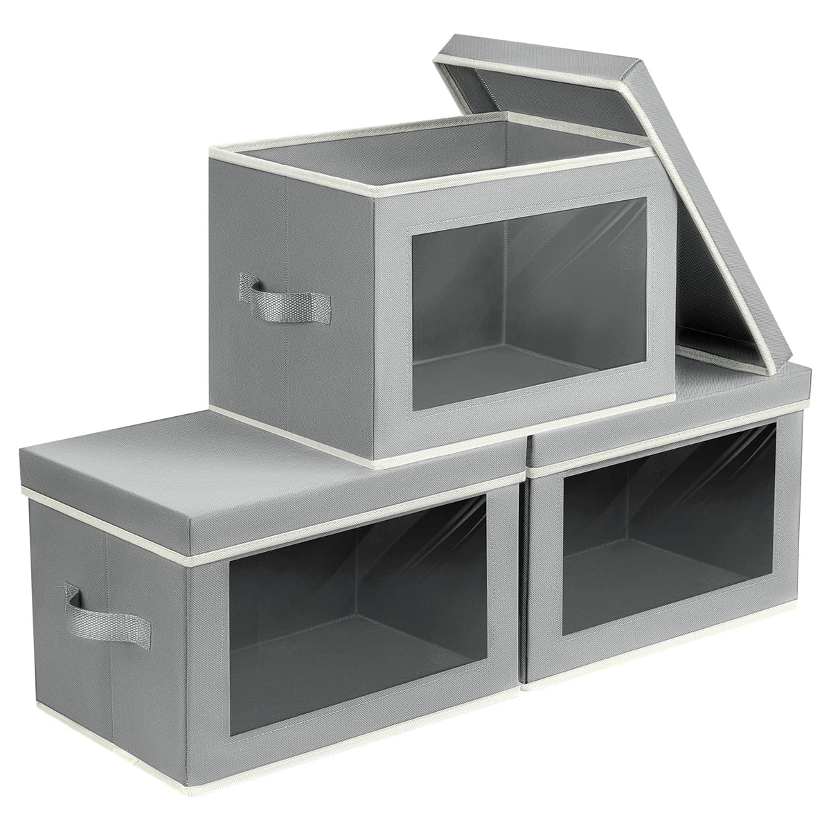 Homsorout Storage Bins with Lids - Fabric Storage Boxes with Window, Collapsible Closet Organizers with Handles, 3 Pack Decorative Bin, Home Cubes Baskets for Clothes, Hat, Books, Dark Grey