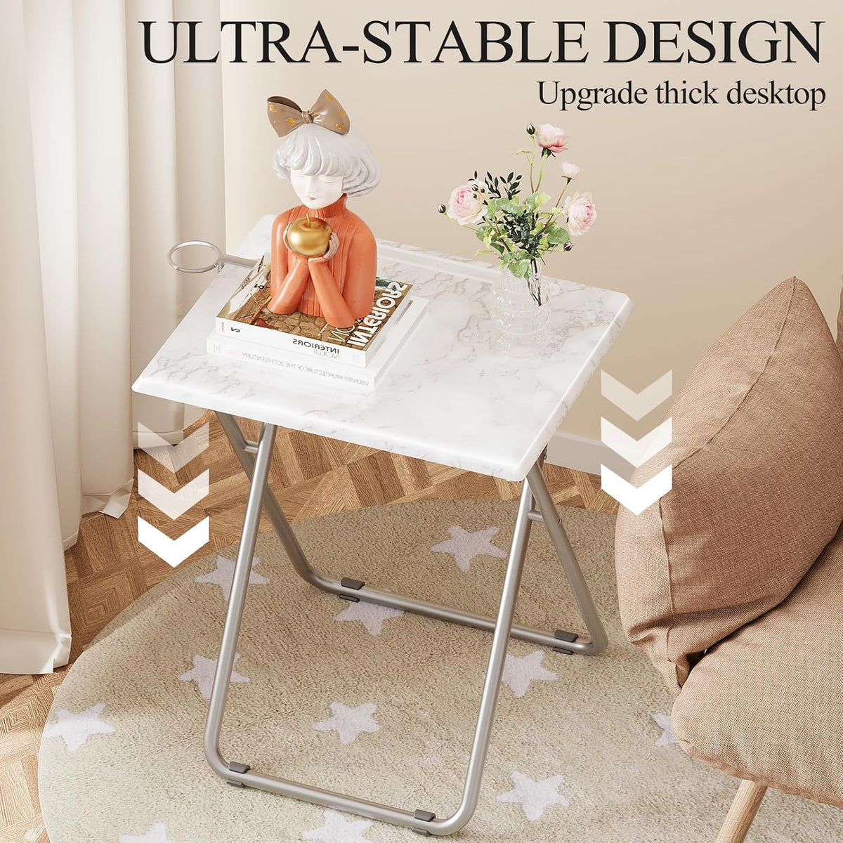 TV Tray Table,Folding Table with Cup Holder Portable,Foldable Snack Tray for Eating,Small Folding Tables Set of 2,Dinner Tables for Couch, Living Room,Small Space (White Marble,2Pcs)
