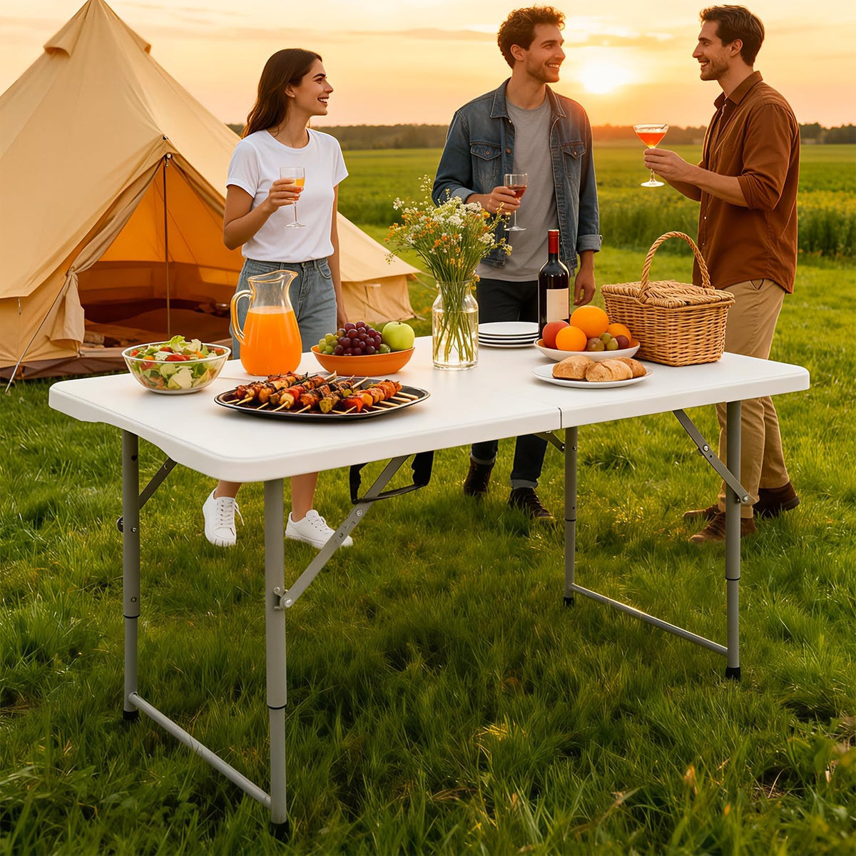 FDW 4FT Folding Table, Portable Fold-in-Half Plastic Picnic Party Table with Carrying Handle (White, 4FT)