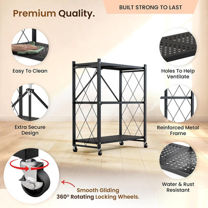 Our Modern Space 3-Tier Foldable Storage Shelf with Wheels | Metal Rack Collapsible Shelving Display | Rolling Cart for Books Kitchen Storage Shelves | Pantry & Closet Organizer | Office Room Decor
