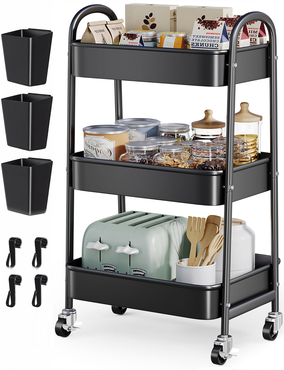 Beige 3 Tier Rolling Cart Metal with Wheels,Tan Three Tiered Bedside Carts