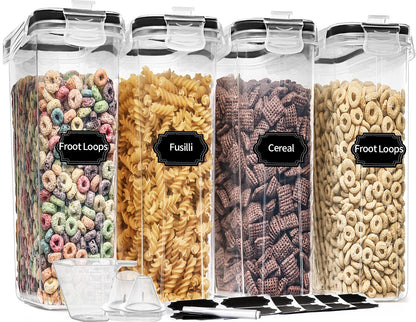 PRAKI Large Dry Food Storage Containers with Lids, 6PCS Airtight Cereal Containers Storage Set, Leak-proof Canister Set for Kitchen Pantry Organization with 20 Labels & Marker (4L Black)