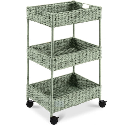 Best Choice Products 3-Tier Water Hyacinth Rolling Nursery Caddy w/Wheels, Utility Cart, Storage Organization for Bathroom, Craft Room, Laundry Room - Chestnut