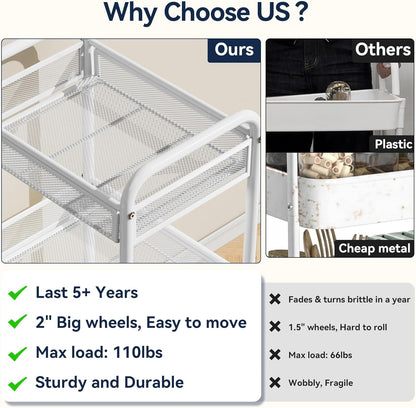 YASONIC 3 Tier Metal Rolling Cart, White Utility Storage Cart with Wheels