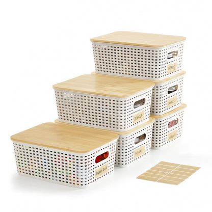 Bagnizer Small Plastic Storage Bins with Bamboo Lids 5.2qt Stackable Box Basket Pantry Decorative Containers Cute with Labels for Organizing Desktop Closet Office Cream White of 6 packs 10*7.2*4.1"