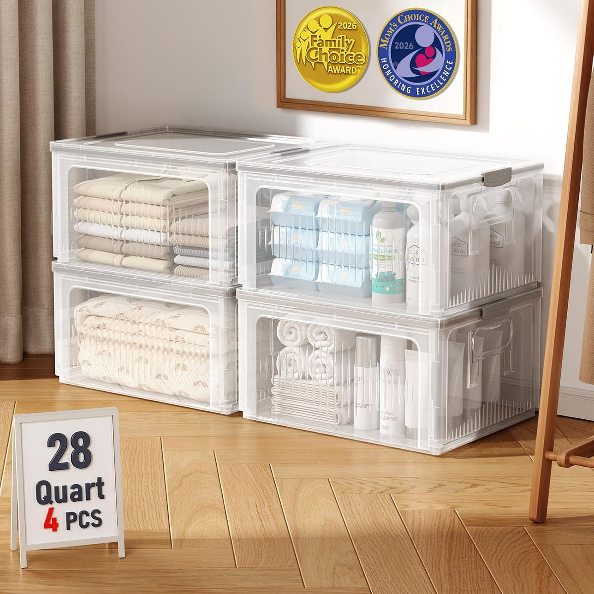 OlarHike 28QT Collapsible Storage Bins with Lids, Clear Box for Home-4 Pack