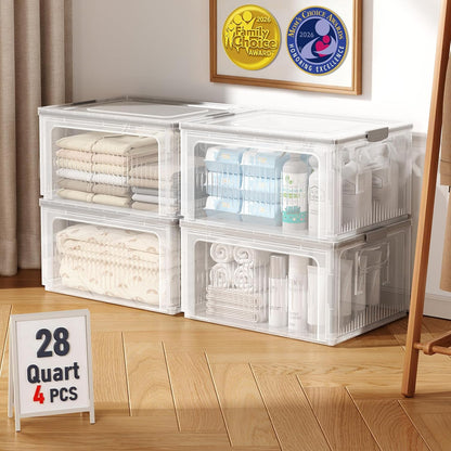 OlarHike 28QT Collapsible Storage Bins with Lids, Clear Box for Home-4 Pack