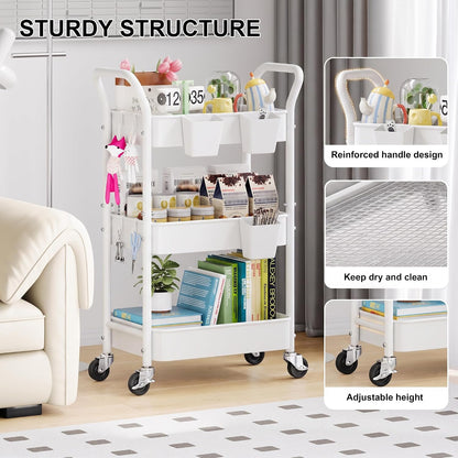 White 3 Tier Height-Adjustable Heavy-Duty Rolling Utility Cart with Wheels