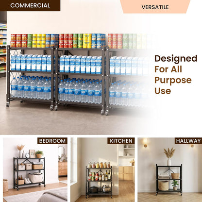 Our Modern Space 3-Tier Foldable Storage Shelf with Wheels | Metal Rack Collapsible Shelving Display | Rolling Cart for Books Kitchen Storage Shelves | Pantry & Closet Organizer | Office Room Decor