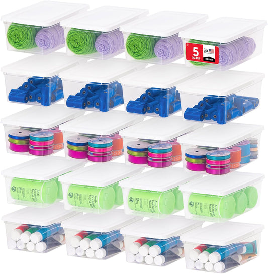 IRIS USA 5 Qt 20-Pack Storage Bins with Lids, Stackable Box, Clear/White