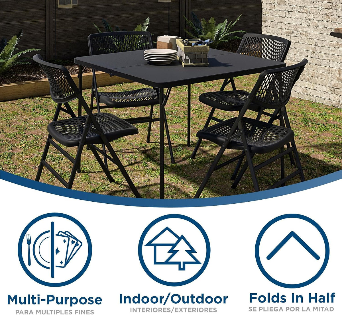 Cosco XL 38.5" Resin Fold-in-Half Card Table, Black, Wheelchair Accessible, Lightweight, Pinch-Free Locking System