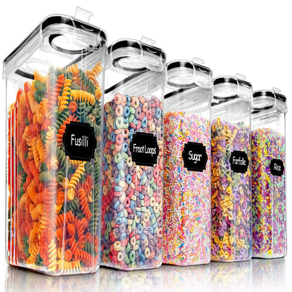 PRAKI Large Dry Food Storage Containers with Lids, 6PCS Airtight Cereal Containers Storage Set, Leak-proof Canister Set for Kitchen Pantry Organization with 20 Labels & Marker (4L Black)