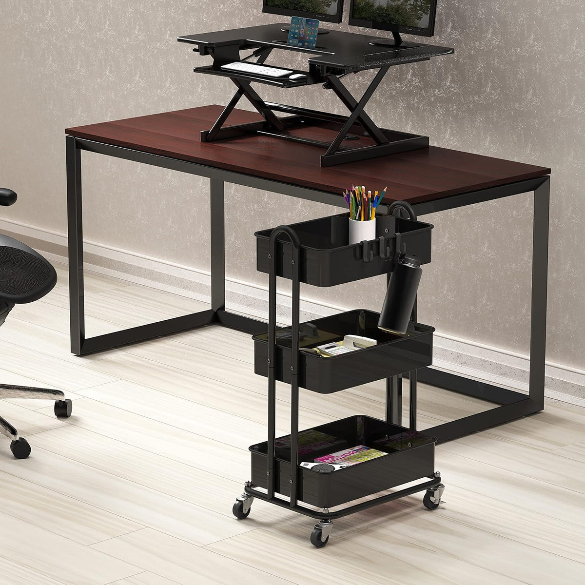 Simple Houseware 3-Tier Heavy Duty Metal Utility Rolling Cart, Black